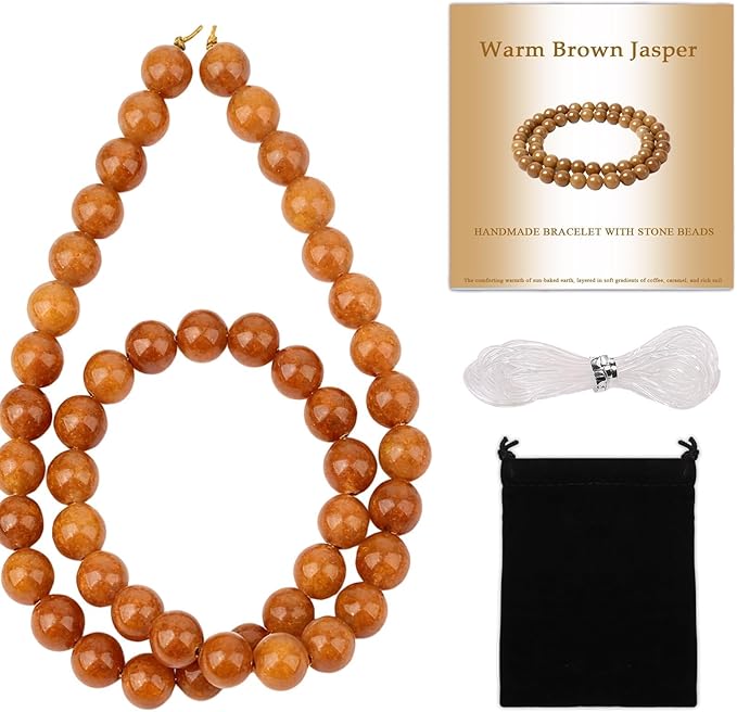Stone Beads, 45pcs Warm Brown Jasper, 8mm Round Loose Beads for Jewelry Making, Bracelets, with Bag, String & Card