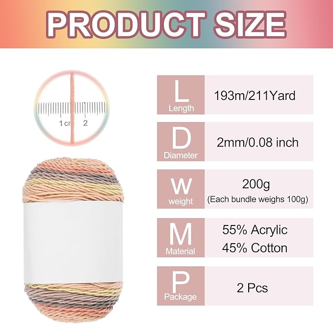 MECCANIXITY Cotton Acrylic Yarn for Crocheting, 422 Yard 5 Ply Soft Gradient Yarn Acrylic 45% Cotton 55% Used for DIY Knitting Blankets Scarves(2 Packx100g,Yellow,Gray,Orange)