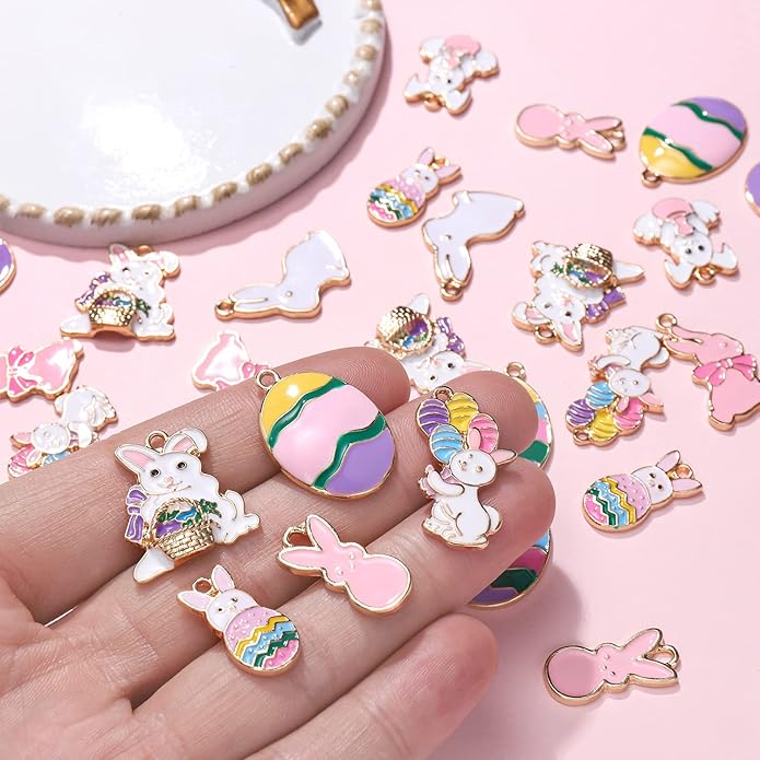HEIDKRUEGER 36 Pieces Easter Charms Enamel Plated Bunny Colorful Egg Carrot Pendant Charms for Jewelry Making DIY Necklace Bracelet Earring