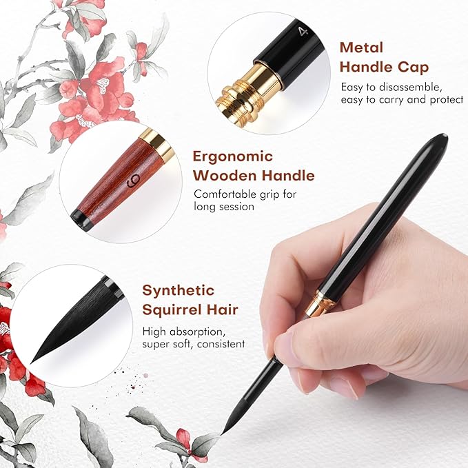 Dual Tip Travel Watercolor Brushes, Fuumuui 3pcs Synthetic Squirrel Hair Set of 6 Versatile Tips with Leather Pouch Perfect for Watercolor Gouache Ink Painting
