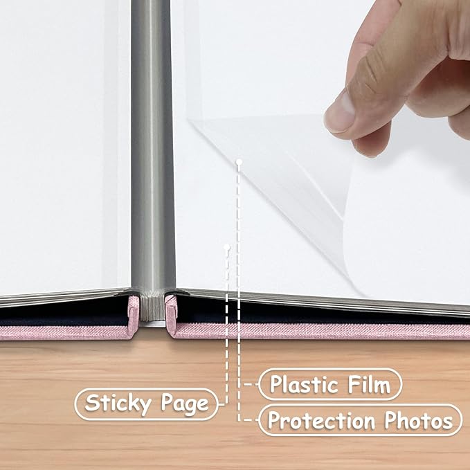 Large Photo Album Scrapbook, Holds 4x6, 8x10 Pictures, Self-Adhesive Pages for Baby, Wedding, Travel & Family Memories, Includes Metallic Pen & Scraper, Light Pink DIY Memory Book for Gifts