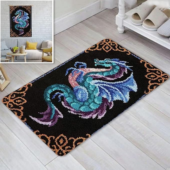 YOOTOM Dragon Latch Hook Rug Kits for Adult, DIY Rug Crochet Making Kits with Pre-Printed Canvas and Latch Hook Tool and Enough Yarn, 20x15in