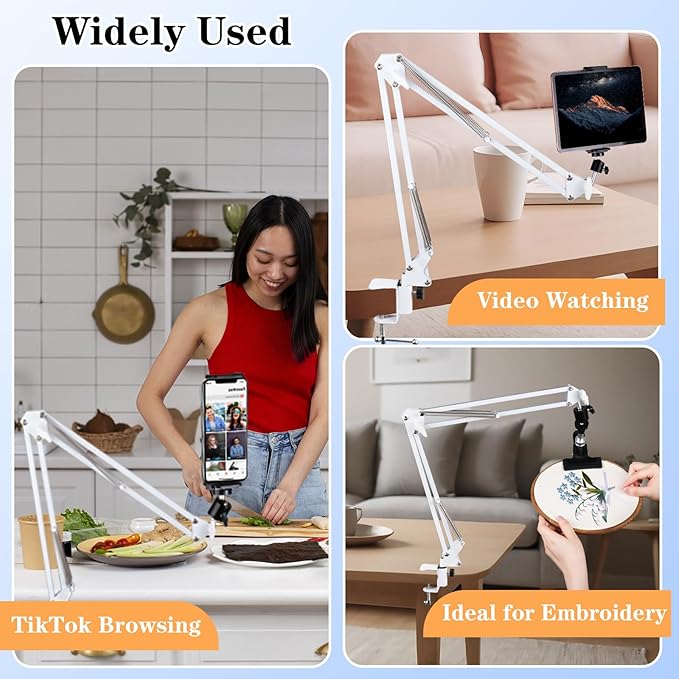 adjustable embroidery hoops stand for hand work,cross stitch frame with 360° rotation,needlework frame, embroidery stand suitable for embroidery kit,3-in-1 hoop/tablet/phone holder desk stand,white