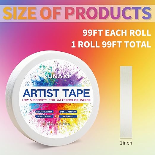 1 Pack Art Tape, Artist Tape for Watercolor Paper Low Tack White Painters Tape for Drafting Art Painting Canvas Framing Acid Free Masking Tape-1IN Wide 99FT Long Total