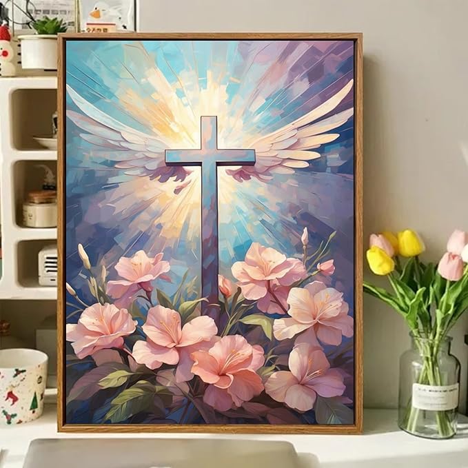 hkejoi Religious Paint by Numbers Kit for Adults Beginners, Adult Paint by Number Kits on Canvas Cross, Painting by Number DIY Acrylic for Gift Home Decor 16x20 in