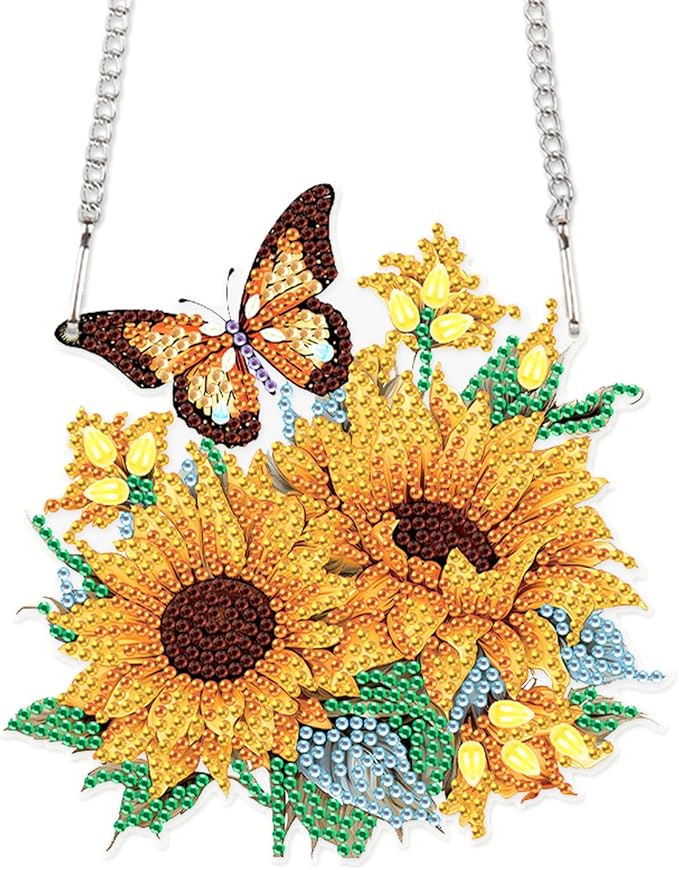 AiYuanzsh Sunflower Butterfly Diamond Painting Hanging Ornament Kit – DIY 5D Crystal Art Suncatcher for Home Wall Window Decoration, Handmade Craft Gift for Adults