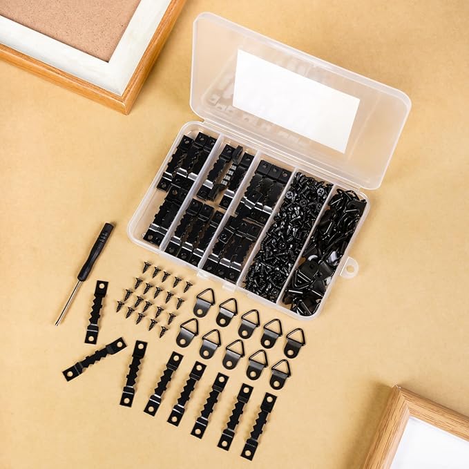 251Pcs Picture Hanging Kit, Include 50 Sawtooth Picture Hangers, 50 D Rings, 150 Screws and Screwdriver, Heavy Duty Picture Frame Hanging Hardware for Wall Artworks Frame Canvas Mounting