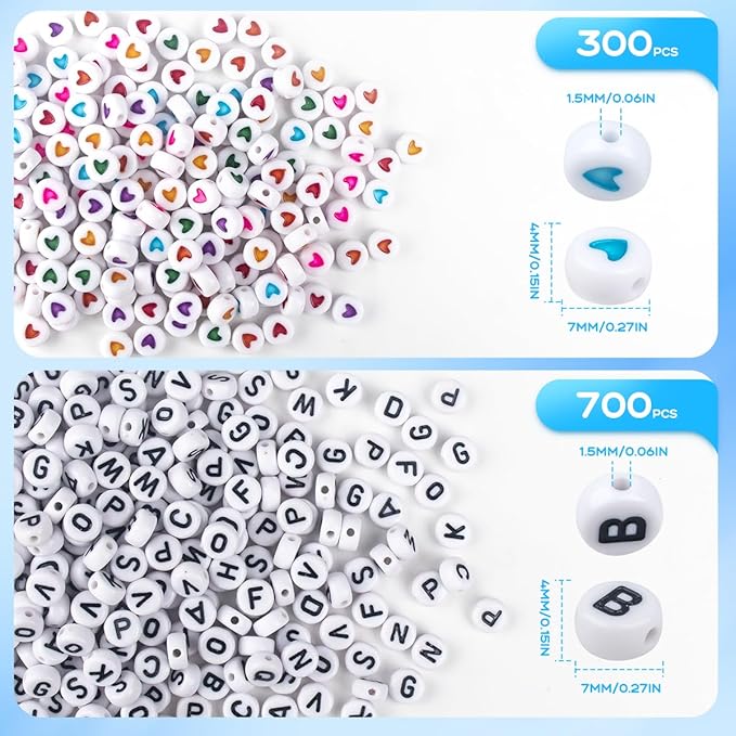 sutoug 1000pcs colourful letter beads for threading, 4 x 7 mm, a-z white letter beads and colourful heart beads, acrylic round beads for jewellery diy making crafts bracelets necklaces ornaments penda