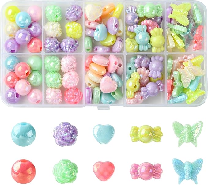 Ipotkitt 1 Box AB Color Opaque Acrylic Beads Candy Color Spacer Bead Kit Round Heart Butterfly Candy Rose Beads for Bracelets Jewelry Making DIY Crafts