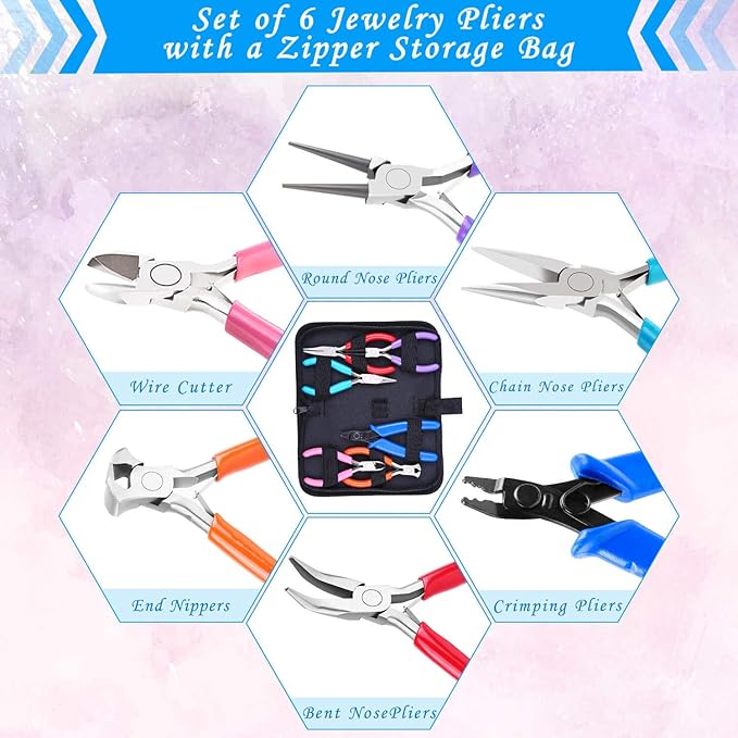 acejoz jewelry making tools kit: 6pc set, including needle round nose, wire cutters, crimper & end nippers for beading & craft