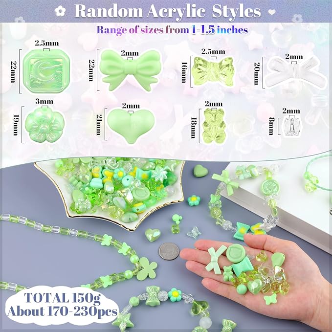 200-260pcs tinkrstuff assorted green acrylic beads for bracelet making, cute beads for jewelry making flower bow butterfly candy gummybear aesthetic bracelet charms, diy necklace keychain phone charm