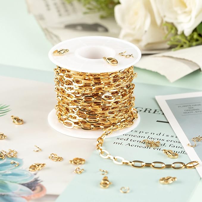 YOUBEIYEE 16.4 Feet Gold Plated Stainless Steel Chain Link Oval Paperclip Necklace Chain Bulk with Jump Rings Lobster Clasps for DIY Necklace Bracelet Choker Jewelry Making
