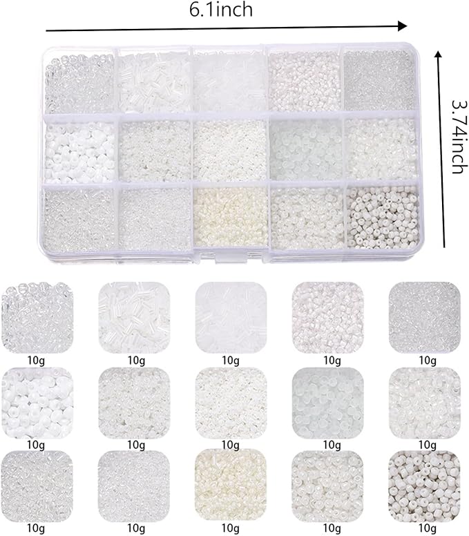 GTAAOY Mix 15 Color Glass Seed Beads, Glass Bugle Beads Tube Beads for Adults, Bracelet Bead Boards, Tweezers,Elastic Sting for Jewelry Making(Mix Size,White)