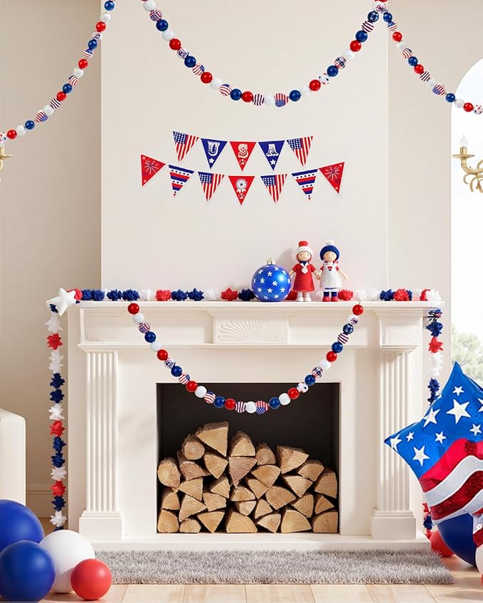 Goldwise 120Pcs 4th of July Wooden Beads Garland, Patriotic Red White Blue Beads for DIY Crafts, Independence Day Wood Beads with American Flag Stars for Bracelets Necklaces Tiered Tray Decor