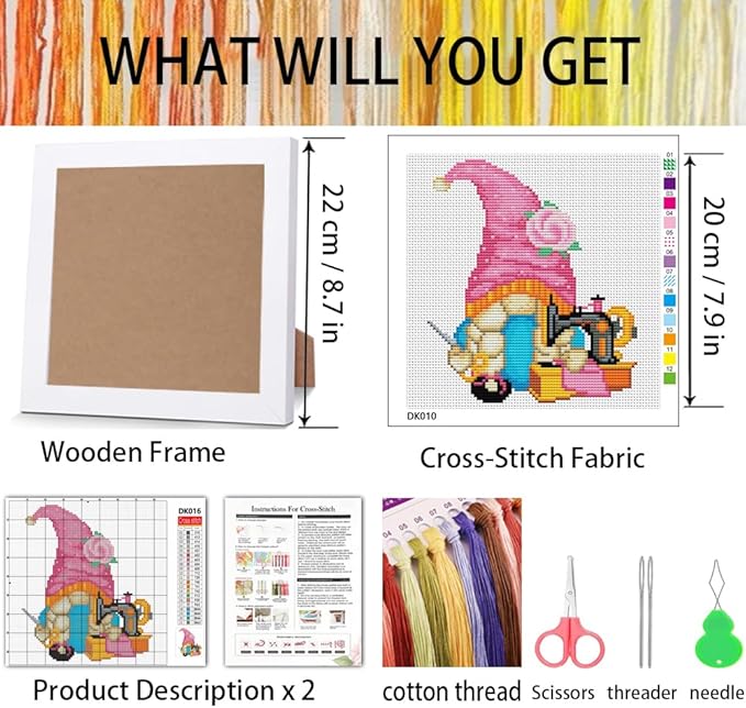 VIGEGU Gnome Cross Stitch Kits for Adults,Sewing Machine Stamped Cross Stitch Embroidery Kit for Beginners with Wooden Framed, Arts and Crafts for Girls 8-12 Partial 11CT Cross-Stitch 7.9x7.9inch