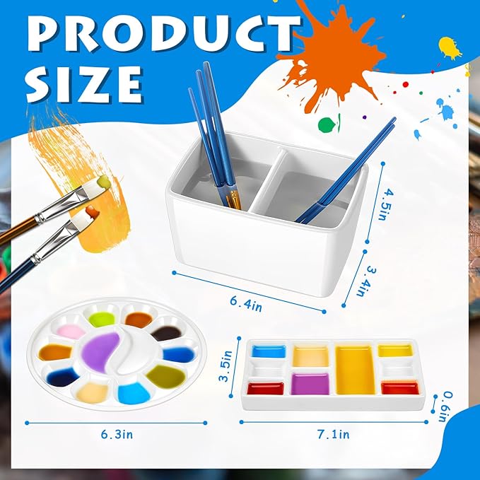 Skyygemm Ceramic Watercolor Paint Palette Set, 3pcs 14-Well & 9-Well Porcelain Mixing Trays with Brush Washer, Non-Stain Easy Clean for Artists