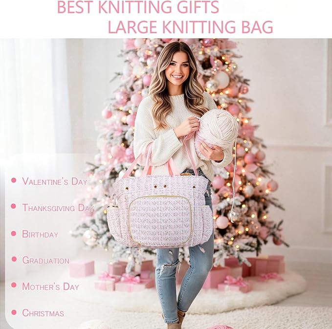 SilTriangle Large Pink Floral Quilted Crochet Knitting Bags and Totes Organizer Cotton Yarn Hook Bag Holder Christmas Corduroy Gift for Crochet Lover Crocheting Accessories, Needle with Zipper, Size L