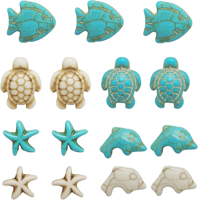 Julie Wang 55PCS Man-made Turquoise Beads Blue White Starfish Turtle Dolphin Fish Ocean Charms for Jewelry Making Summer Beach Beads Sea Pendants Necklace Earring Bracelet Craft DIY Supplies