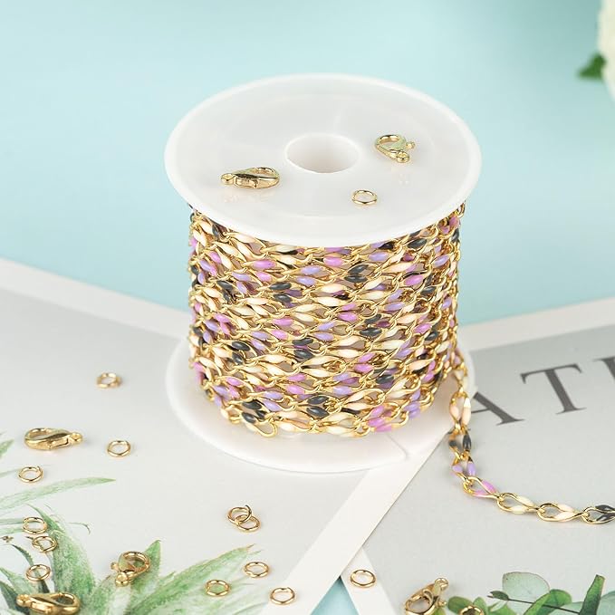 2 Yard Mixed Color Enamel Chains for Jewelry Making Gold Plated Brass Cable Link Chain Roll for Women Necklace Bracelet DIY Jewelry Supplies Findings