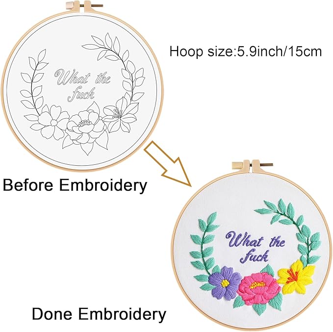 Louise Maelys Funny Embroidery Kits for Beginners,Cross Stitch Kit for Adults Starters,DIY Needlepoint with Floral Flower Wreath Pattern