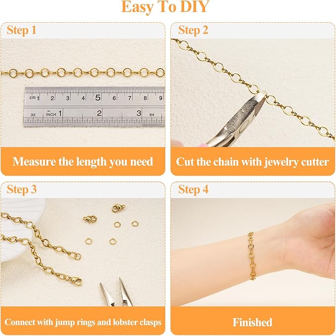 5 Meters Gold Plated Chains for Jewelry Making Stainless Steel Circle Chain Roll with Jump Rings and Lobster Clasps