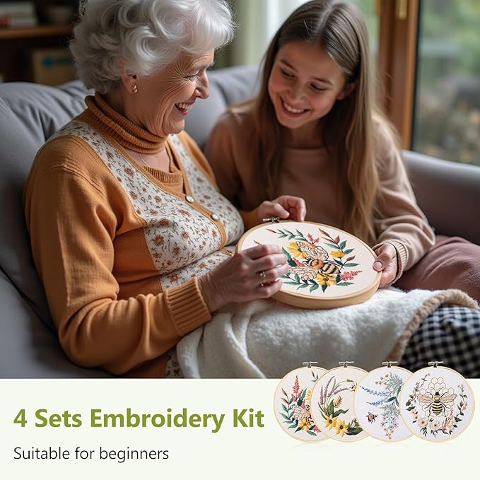 Santune 4 Pack Embroidery Kit for Beginners,Needlepoint Cross Stitch Kits for Adults,Needle Point Sets with Bee Flower Pattern Stitch Video Tutorial