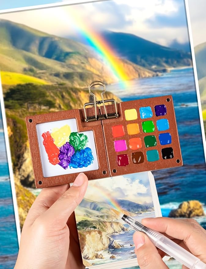 Mini Watercolor Travel Set, Mini Watercolor Paint Set with 2 Wooden 15-Grid Palette, 24 Colors Paint, 2 Sketch Books and 4 Brushes, Copper Clip and Sketchbook for Travel Painting