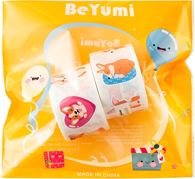 beyumi cute corgi roll stickers - 1000pcs corgi stickers in 2 rolls waterproof vinyl cute fancy pets dogs animal decals for cars phone laptop bottle notebook luggage computer envelope decor for kids