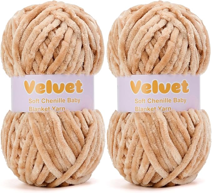 Velvet Yarn Chenille Yarn for Crocheting and Knitting Soft Chenille Bulky Baby Blanket Yarn DIY Weaving Craft 2pack Camel(4oz 66yds Each)