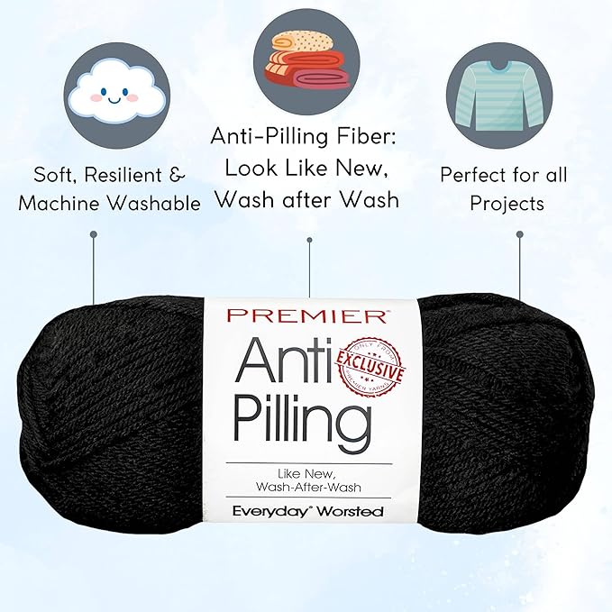 Premier Yarns Everyday Anti-Pilling Solid Black DN100-12 (3-Skeins - Same Dye Lot) #4 Worsted Weight Acrylic Yarn for Crocheting and Knitting with Project Bag