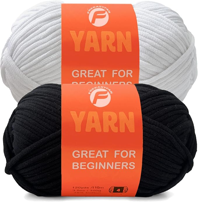 2 x 3.5Oz Yarn for Crocheting and Knitting;Worsted-Weight Medium #4;Cotton Blend Yarn for Beginners with Easy-to-See Sitches,Great for Amigurumi DIY (Black+White)