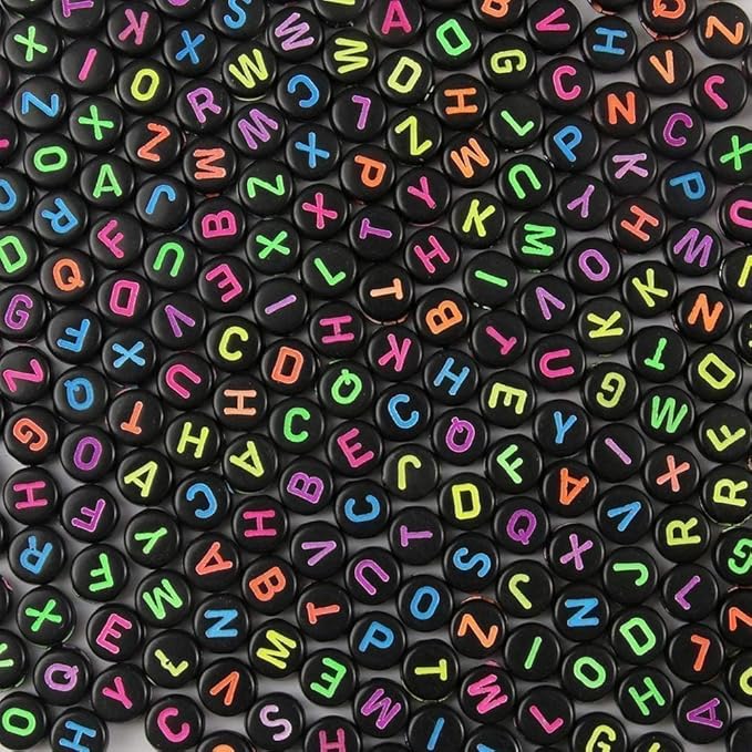Acrylic Letter Beads Alphabet Polished Colorful Letters Black Round Bead, 4×7mm 1200pcs, for Friendship Bracelet Jewelry Making Kit