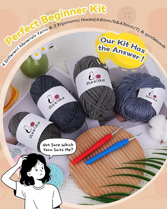 Aeelike Beginner Crochet Yarn Kit w 4 Different Materials Grey Yarns (Polyester, Cotton, Acrylic, Milk Cotton,) & 2 Ergonomic Hooks (G&7), Ideal Starter Crochet Set for Beginners