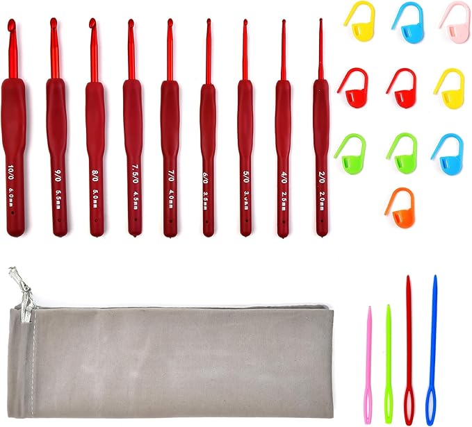9 Sizes Crochet Hook Set,2mm-6mm Aluminum Crochet Kit for Beginners,Yarn Ergonomic Crochet Needles with Soft Grips for Arthritic Hands,Crochet Set with Small Tools,Ideal Crocheting Supplies,Red