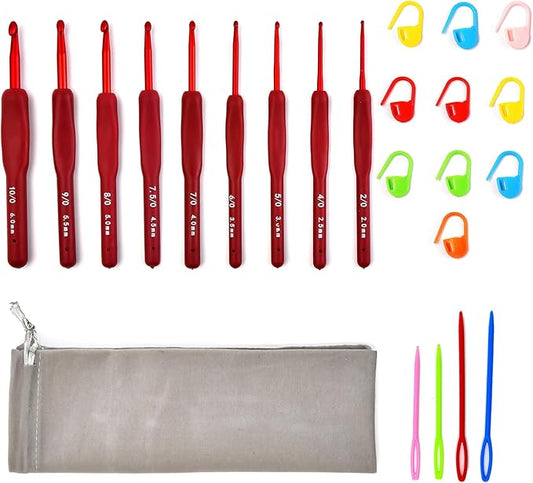 9 Sizes Crochet Hook Set,2mm-6mm Aluminum Crochet Kit for Beginners,Yarn Ergonomic Crochet Needles with Soft Grips for Arthritic Hands,Crochet Set with Small Tools,Ideal Crocheting Supplies,Red