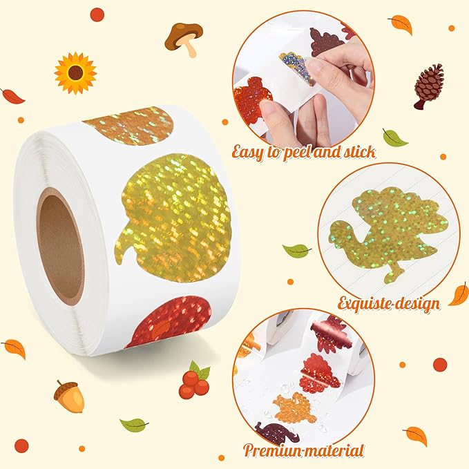 beyumi thanksgiving pumpkin turkey stickers - 1000pcs fall thankful laser pumpkin turkey stickers in 2 rolls holographic sparkly glitter autumn harvest adhesive decal gift party laptop decor for kids
