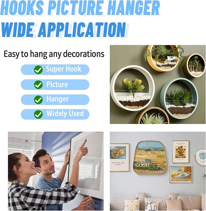 30pcs Black Super Hook Picture Hangers and Office Pack, Drywall Hooks for Hanging Pictures, Wall Hooks, Picture Hangers, Picture Hanging Kit，Hang Art, Clock, Shelves, Mirrors