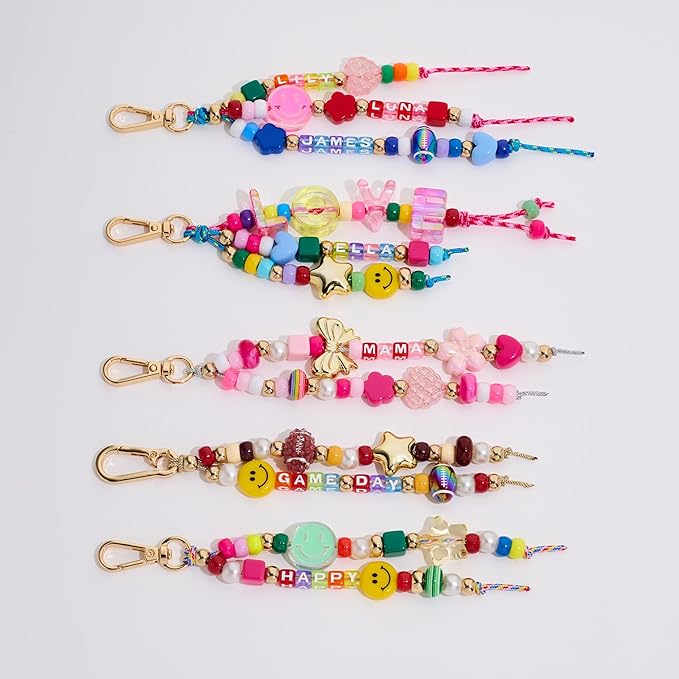 MYCUTEY DIY Keychain Making Kit-Beaded Keychain＆Bag Charm Craft Supplies with Keyrings,Cords and Colorful Football,Letter,Heart,Pony Beads for Women Kids,Personalized Name A-Z Jewelry Making Kit Gifts