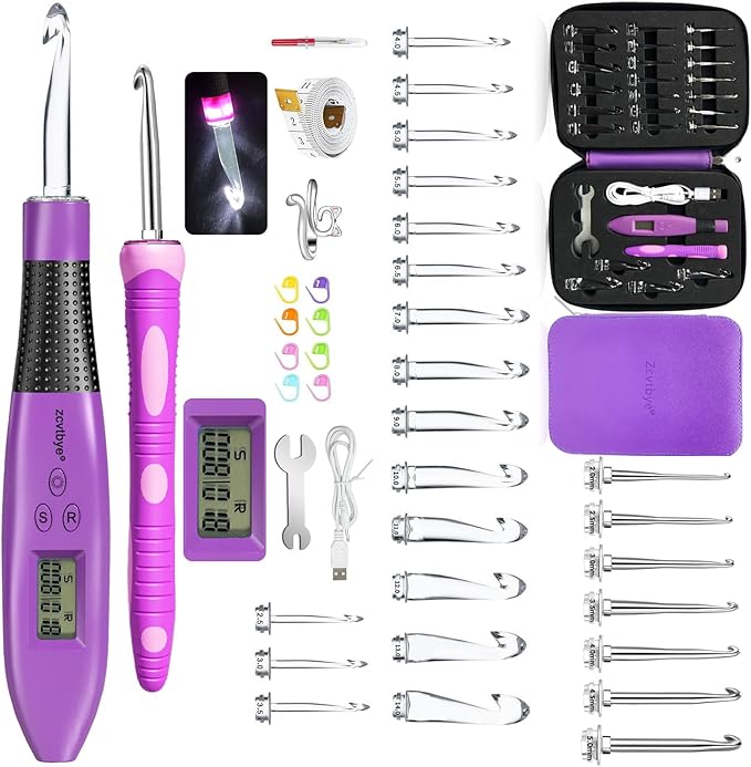 Counting Crochet Hook Set, Light Up Crochet Hooks with Ergonomic Handle, 24 Size Interchangeable Crochet Hooks Kit with Digital Counter, Crochet Hooks for Arthritic Hands, Gift for Beginners