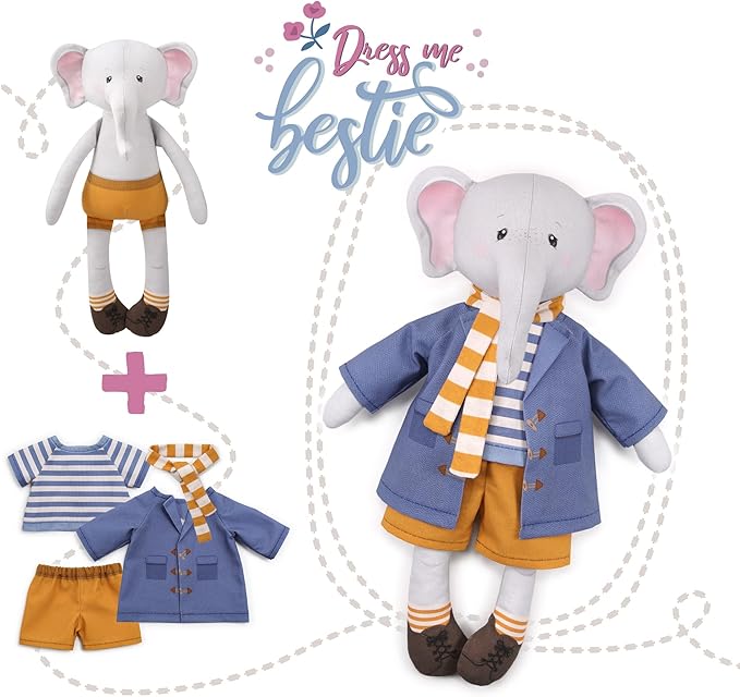 kullaloo Cut & Sew Fabric Panel – Elephant Doll Sewing Kit for Teens & Adults ✦ Intermediate DIY Plush Project with Clothes ✦ Dress Me Bestie Eddy