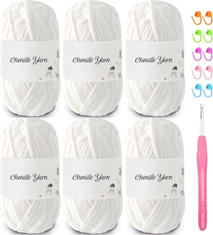SIMEIQI 6 Pack of 1.76oz Chenille Yarn for Crocheting,60yards Soft Fluffy Velvet Yarn, Ideal Crochet for DIY Baby Blankets Toys Scarves Throw Pillows Hats Cushions(White)