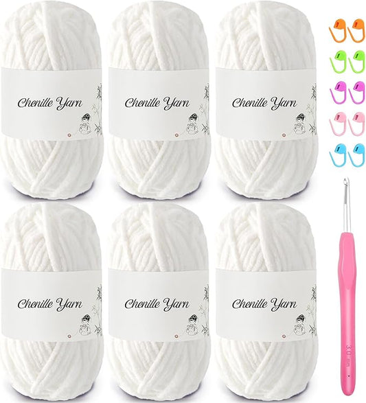 SIMEIQI 6 Pack of 1.76oz Chenille Yarn for Crocheting,60yards Soft Fluffy Velvet Yarn, Ideal Crochet for DIY Baby Blankets Toys Scarves Throw Pillows Hats Cushions(White)