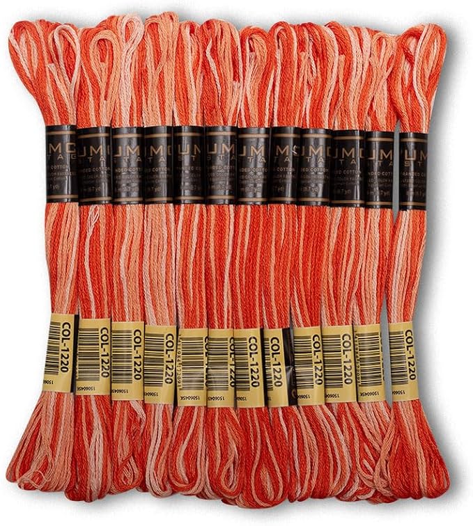 Pack of 12 Premium Embroidery Thread | 100% Egyptian Cotton Premium Skeins | Cross Stitch Embroidery Floss | Oeko TEX Certified | Ideal for Arts & Crafts (Orange Variegated 1220)