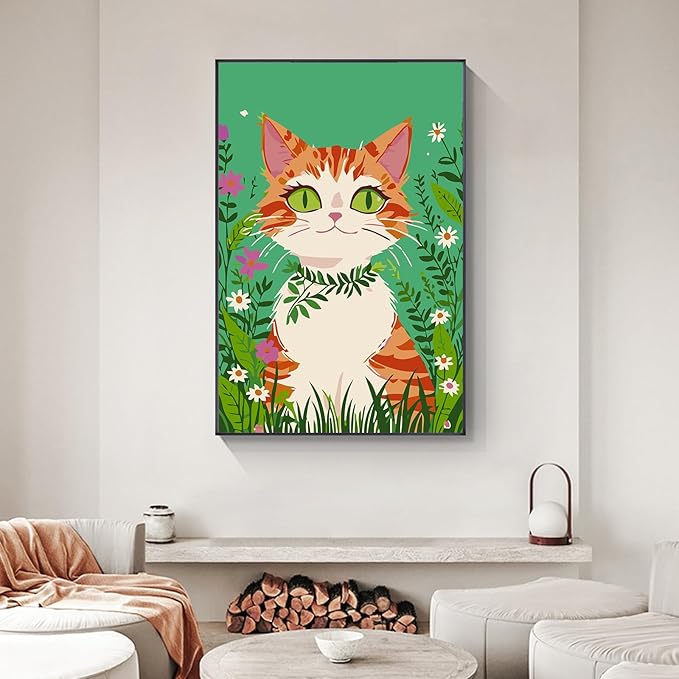 Yezavesu Framed Paint by Numbers Kit for Adults Beginner & Kids Ages 8-12, Cat Paint by Numbers with Frame, DIY Number Painting for Adults Orange Cat for Home Wall Decor Gift 8X 12 inch