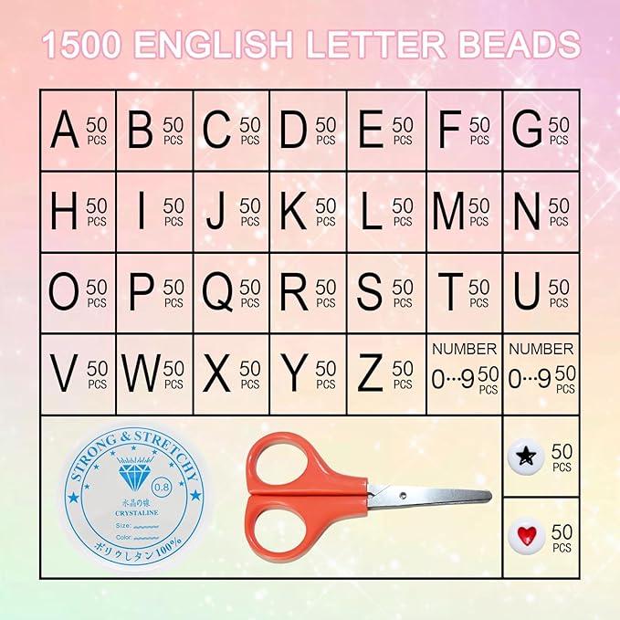 Amaney 1500 Pieces 4x7mm White Round Acrylic Alphabet Letter Beads A-Z Number Beads Star Beads Heart Beads and Crystal Line for Jewelry Making