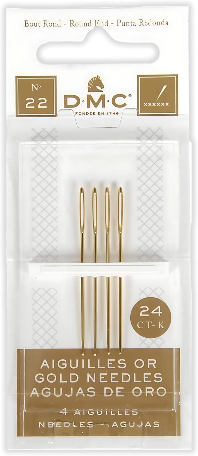 DMC Size 22-24-26 (3 Pack) Gold Cross Stitch Needles Kit, Large Eye Round End Embroidery and Tapestry Hand Needles with Maker Susan Embroidery Thread Holder Organizer Card (12 Needles, 1 Org Card)