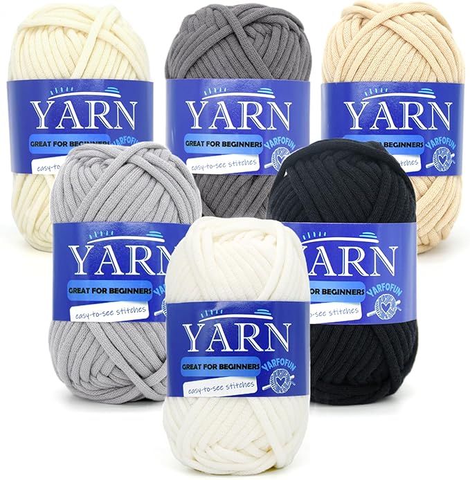 6 Pack Beginners Crochet Yarn Black Grey Beige White Cotton Nylon Blend Yarn for Crocheting Knitting with Easy-to-See Stitches - Black White Series