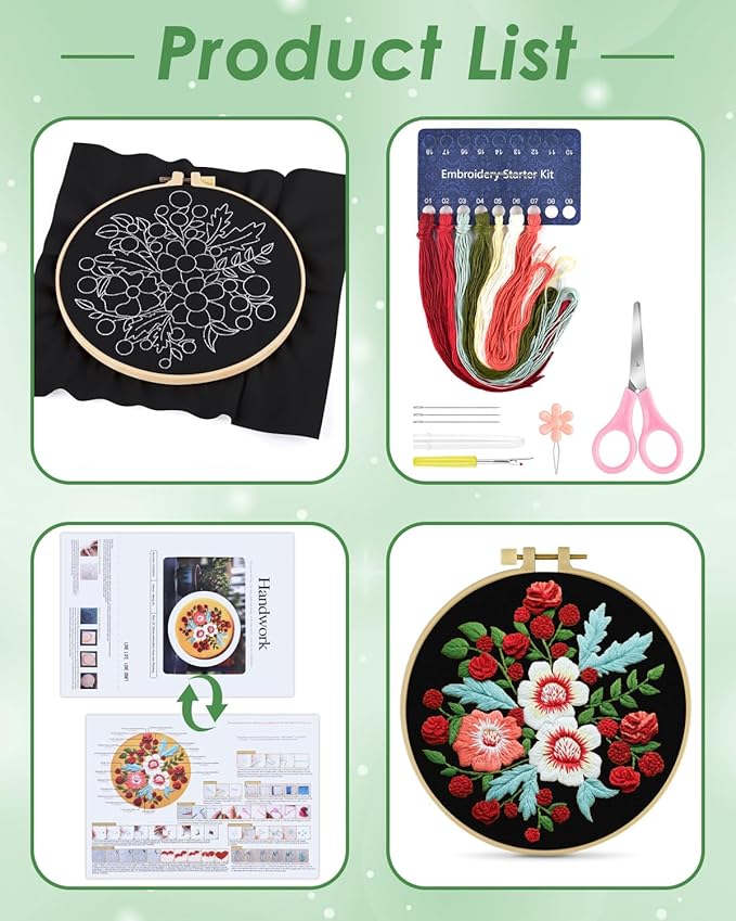 ERKOON Embroidery Kit for Beginners, Flower Cross Stitch Set for Include Embroidery Cloth Hoops Threads for Craft Lover Hand Stitch with Embroidery Skill Techniques (Dream Black Cloth)