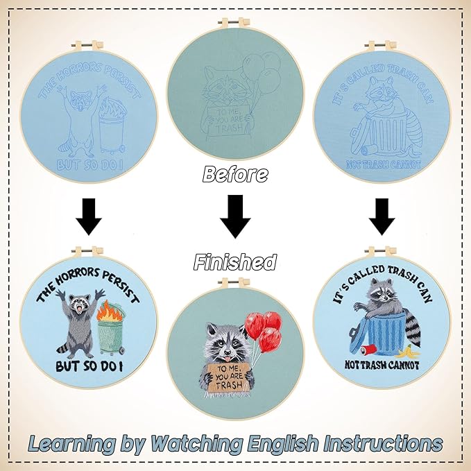 Mindsoft 3 Sets Raccoon Embroidery Kit with Embroidery Hoop Easy Pattern Needlepoint Kit for Beginners and Adults Hand Crafts Needlepoint Set with Needles Thread and Instruction
