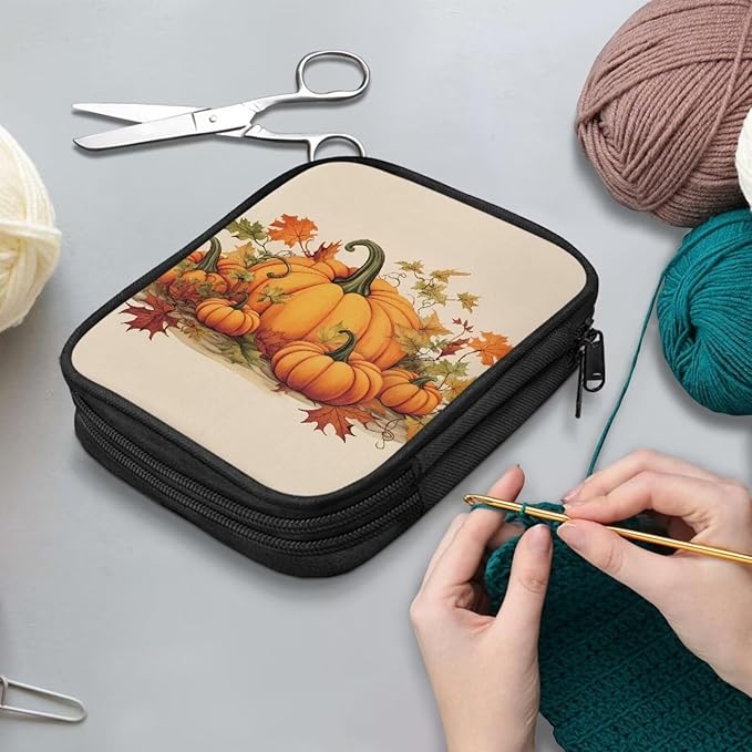 Hechitok Pumpkin Maple Leaf Crochet Hooks Case Zipper Bags Portable Crochet Storage Bag with Web Pocket and Crochet Holder Slots for Carrying Crochets Needles